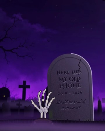 Tombstone reading "Here lies my old phone", a skeleton hand rising from a moonlit graveyard